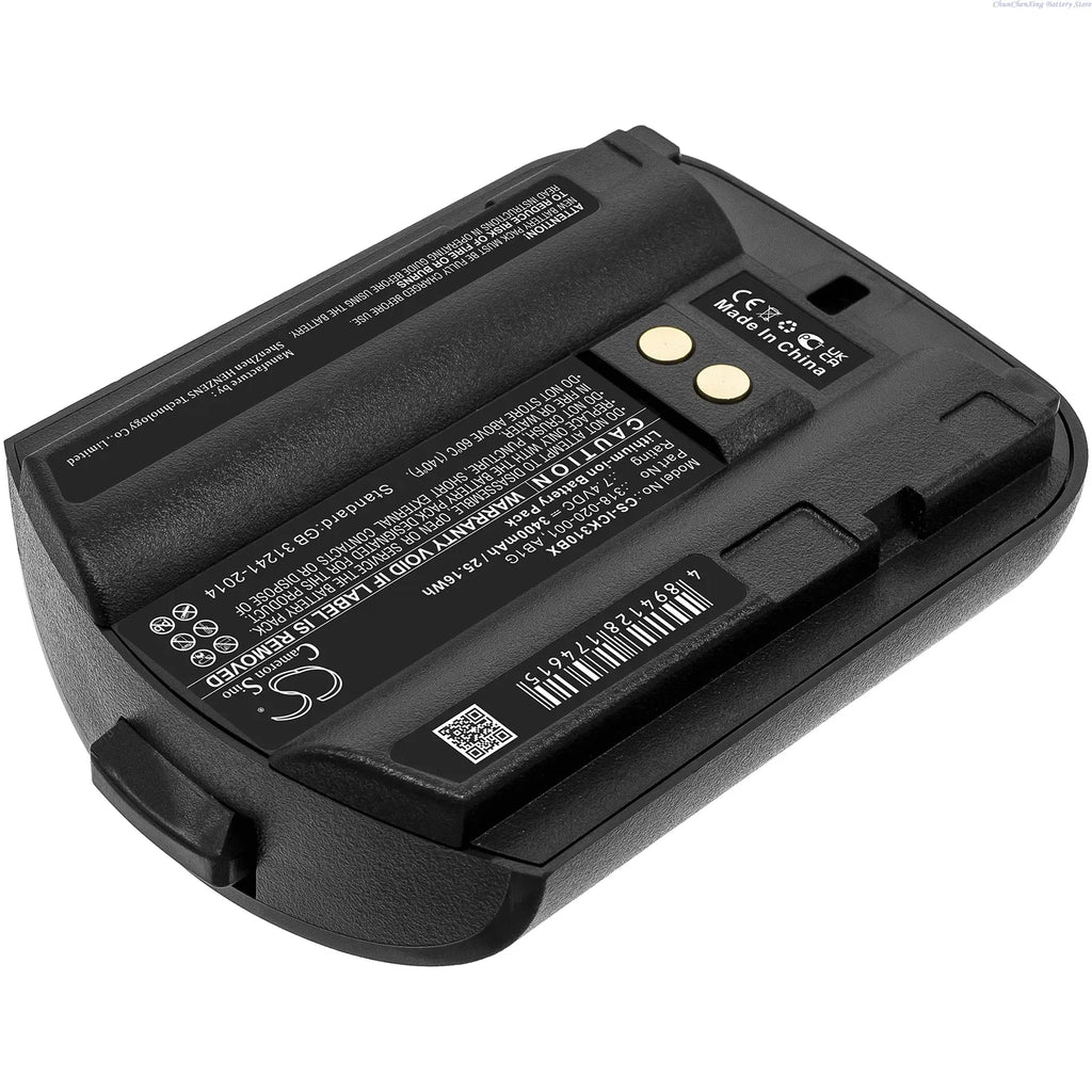 Black battery pack underside with printed label and two gold contact pads