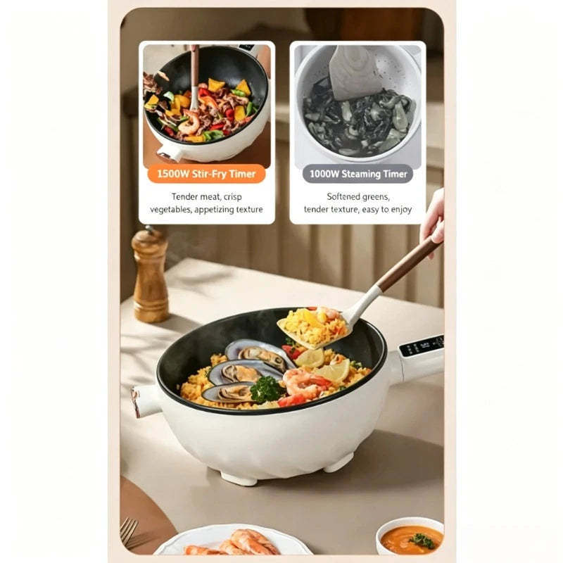 White electric wok with black nonstick interior on base, two preset timer indicators shown