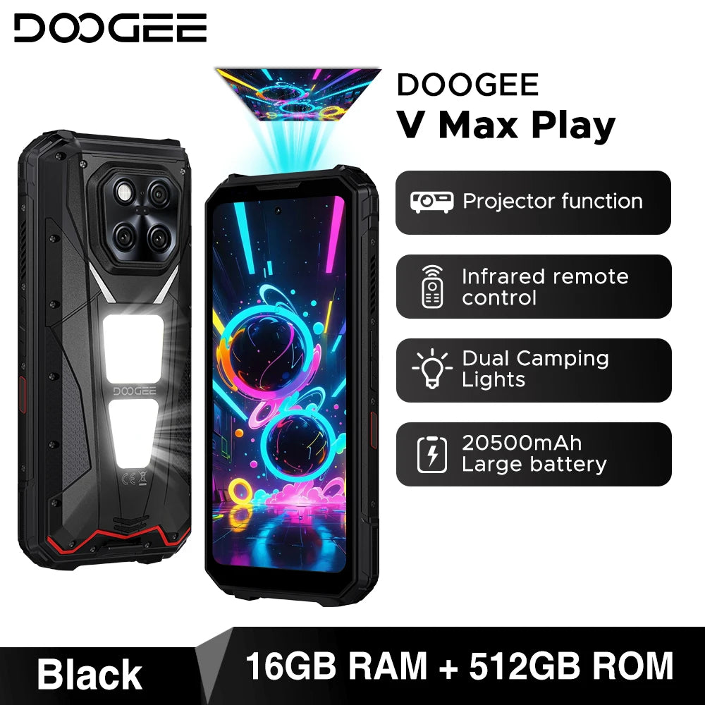 DOOGEE V Max Play 5G Projector Rugged Phone 6.78" 120Hz 20500mAh Dual Camping Lights16GB+512GB 200MP Main Camera NFC Smartphone
