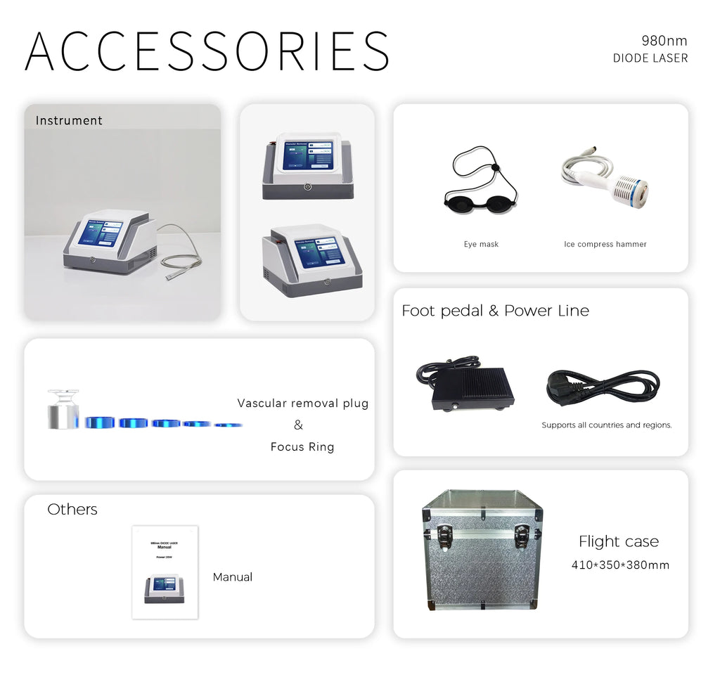980nm diode laser spider vein removal machine accessories including ice hammer, eye mask, foot pedal, and travel case.