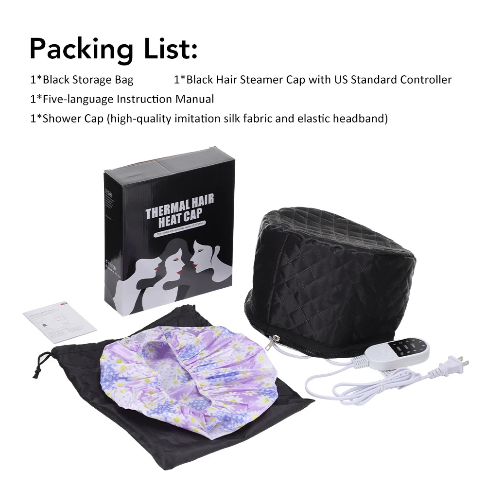 Black electric hair steamer cap with 10 heat levels, floral shower cap, storage bag, and remote for deep conditioning.