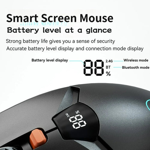 Matte black wireless mouse featuring an integrated digital LCD screen displaying battery percentage and connection mode.