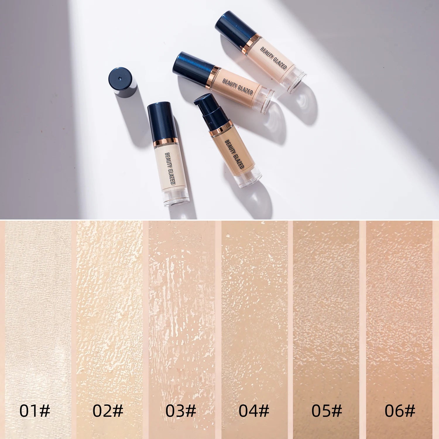 Tidesmit Beauty Glazed 6 color liquid foundation concealer shade swatch for full coverage waterproof face makeup
