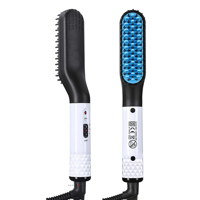 Portable black and white beard straightener with blue heat-resistant bristles and ergonomic handle styling design.