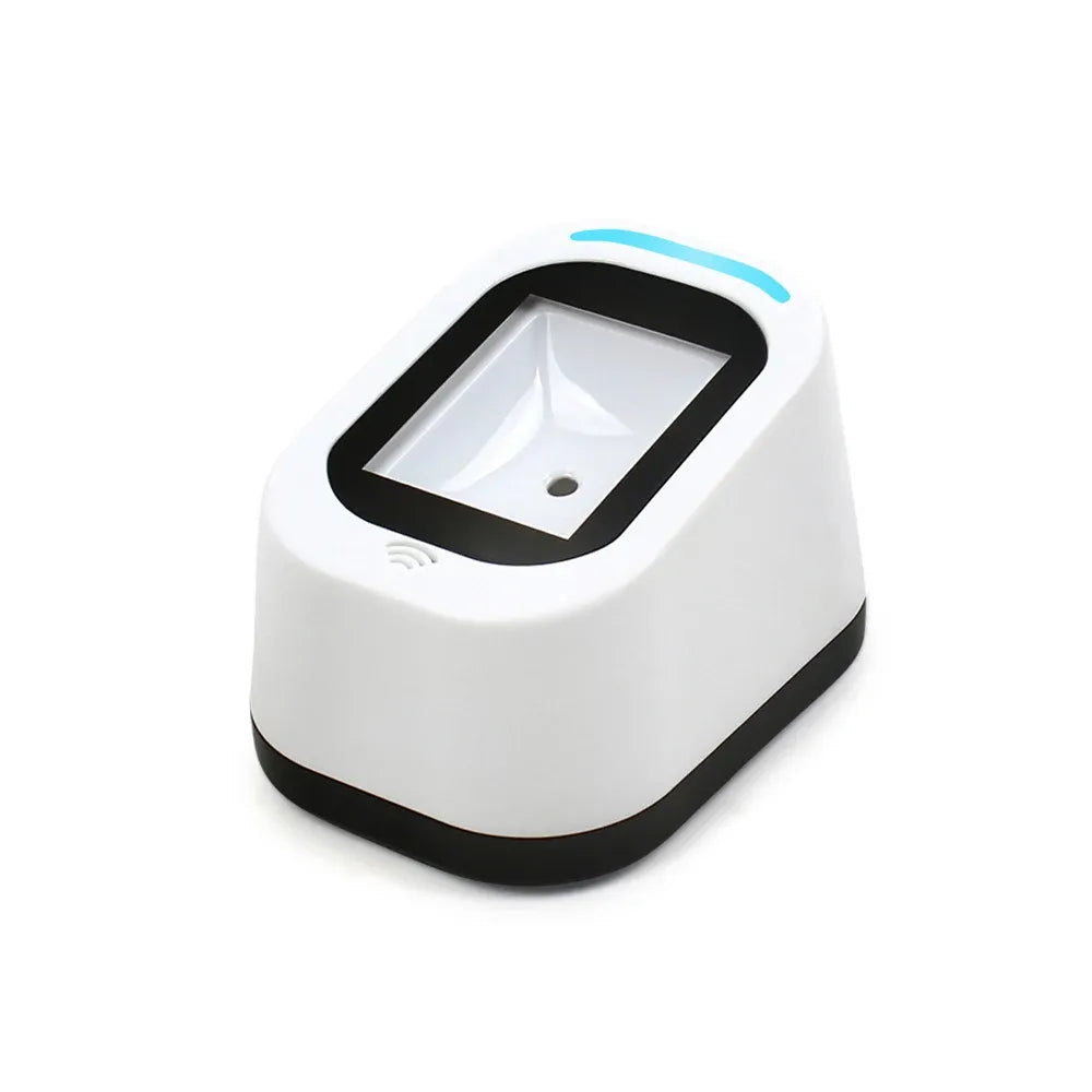 White wired barcode and QR code scanner base with top scanning window