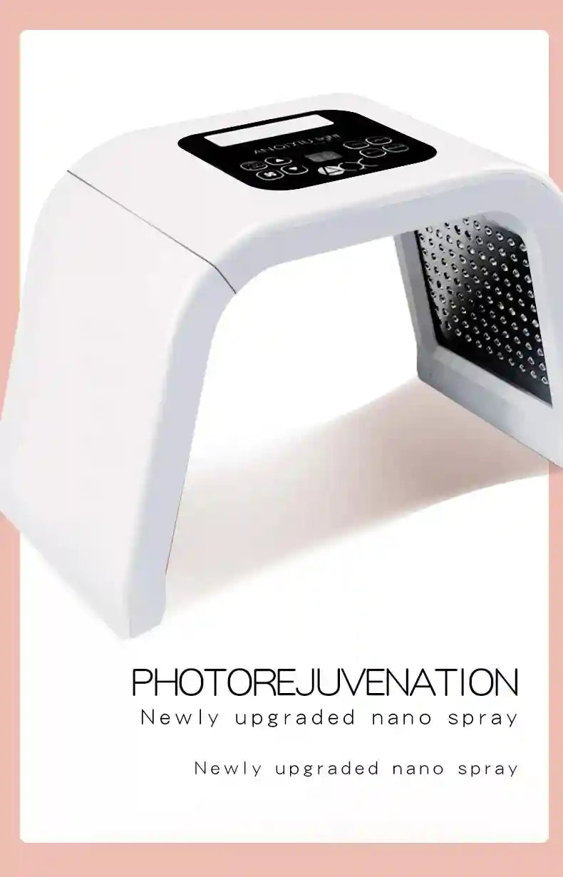 White, arch-shaped LED facial therapy device with a black control panel and internal light grid on a light background.