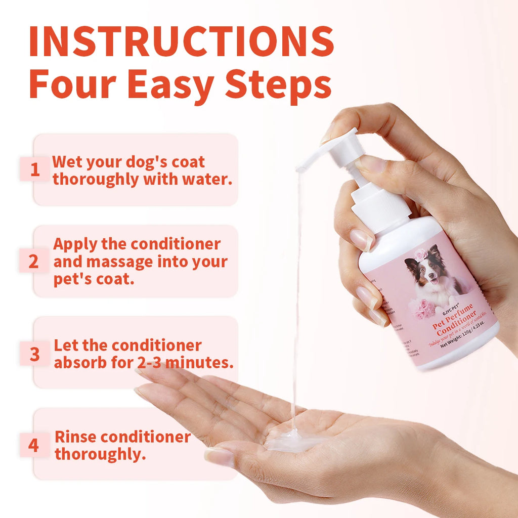 Natural dog and cat conditioner in pump bottle for soft, shiny coats. Hydrating detangling formula, 120g, fresh scent.