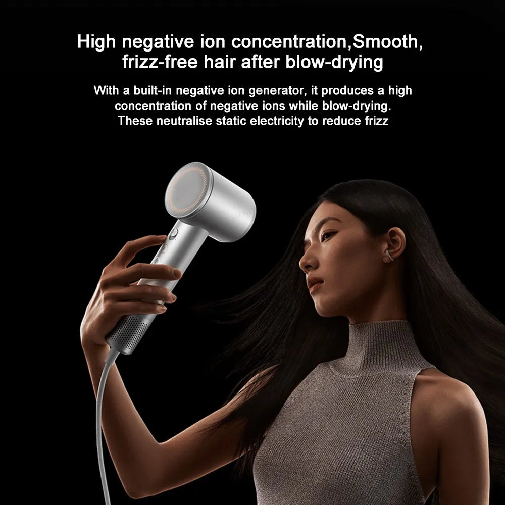 Silver MIJIA High-Speed Hair Dryer with 200M negative ions for smooth, frizz-free professional styling at home.