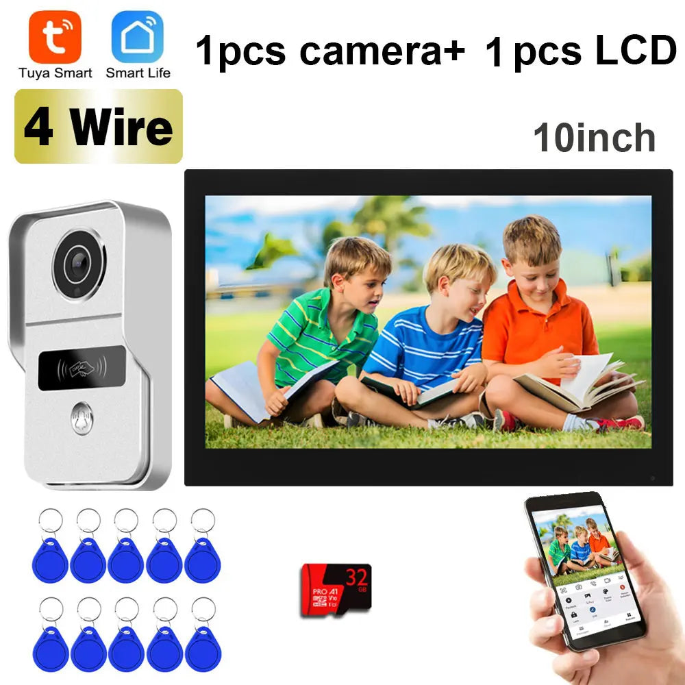 TUYA 4-wire smart video doorbell intercom set with outdoor camera and 10-inch touch screen