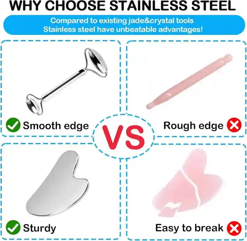 Comparison chart showing sturdy stainless steel facial roller and gua sha tool versus fragile pink stone alternatives.