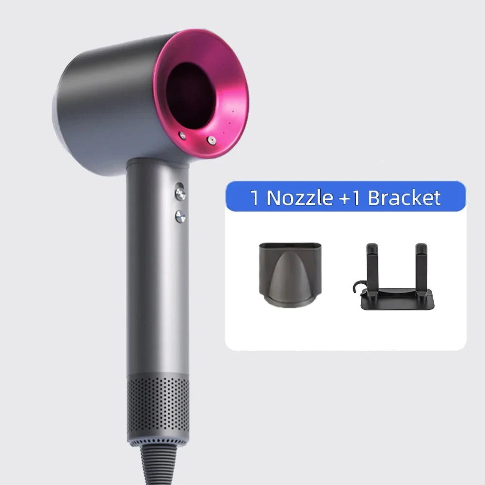 Professional gray and pink leafless hair dryer with styling nozzle and wall bracket for salon-quality hair care.