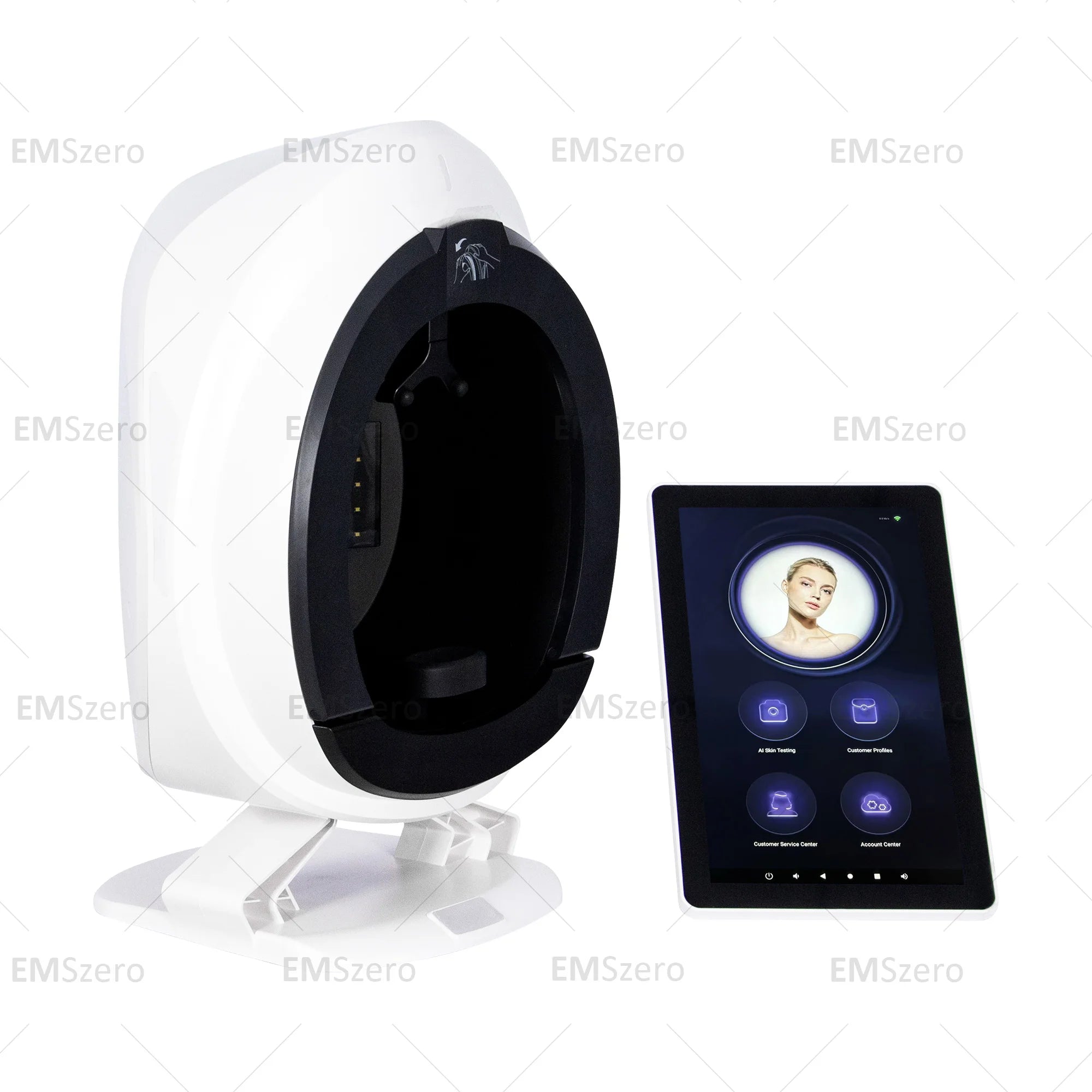 White smart facial skin analysis machine with tablet display for AI skin detection and anti-aging beauty assessment.