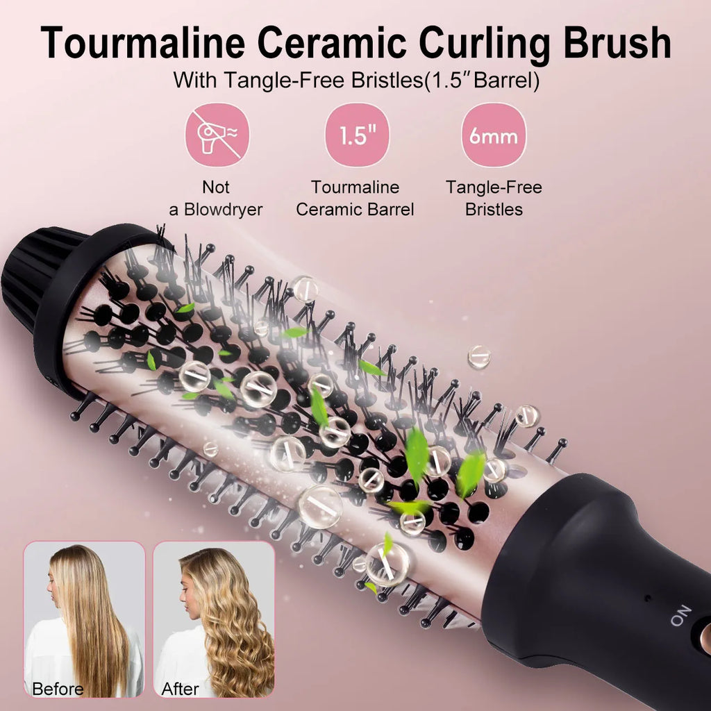 Hatteker 1.5” tourmaline ceramic curling brush with tangle-free bristles for professional salon-style hair styling.