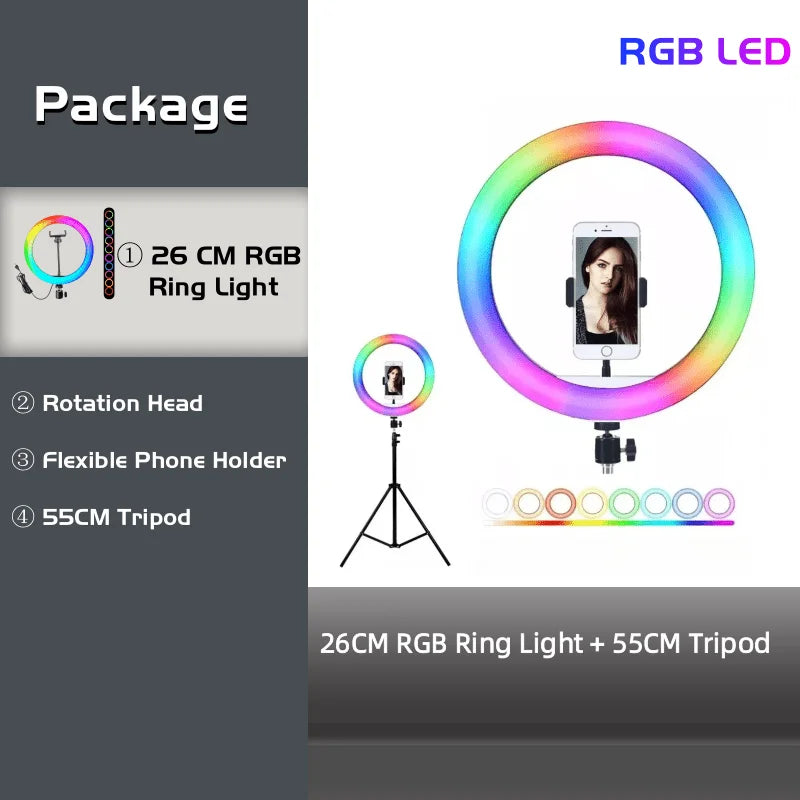 10-Inch RGB Ring Light with Adjustable Tripod Stand - Tidesmit 10in RGB BK55cm Tidesmit
