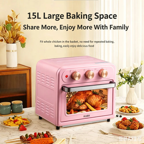 Pink 15L countertop air fryer oven with open door, viewing window, and golden food