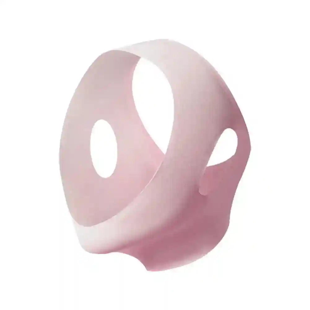 Light pink, V-shaped face lifting bandage made of smooth, flexible material with ear cutouts on white background.