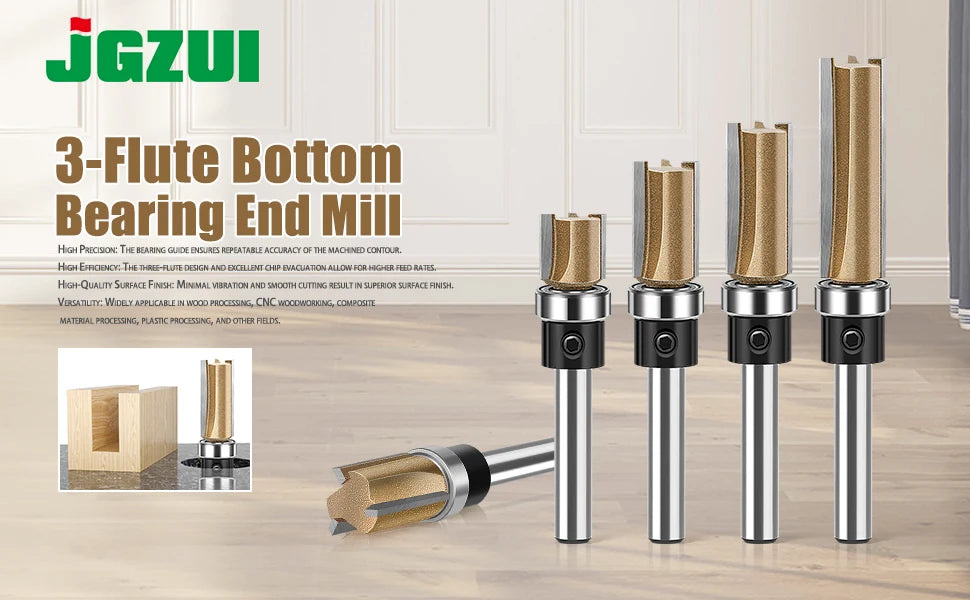 Professional Three-Edge Bearing Straight Router Bit, Slotting Straight Cutter, Bearing Trimming Cutter, Woodworking Tools