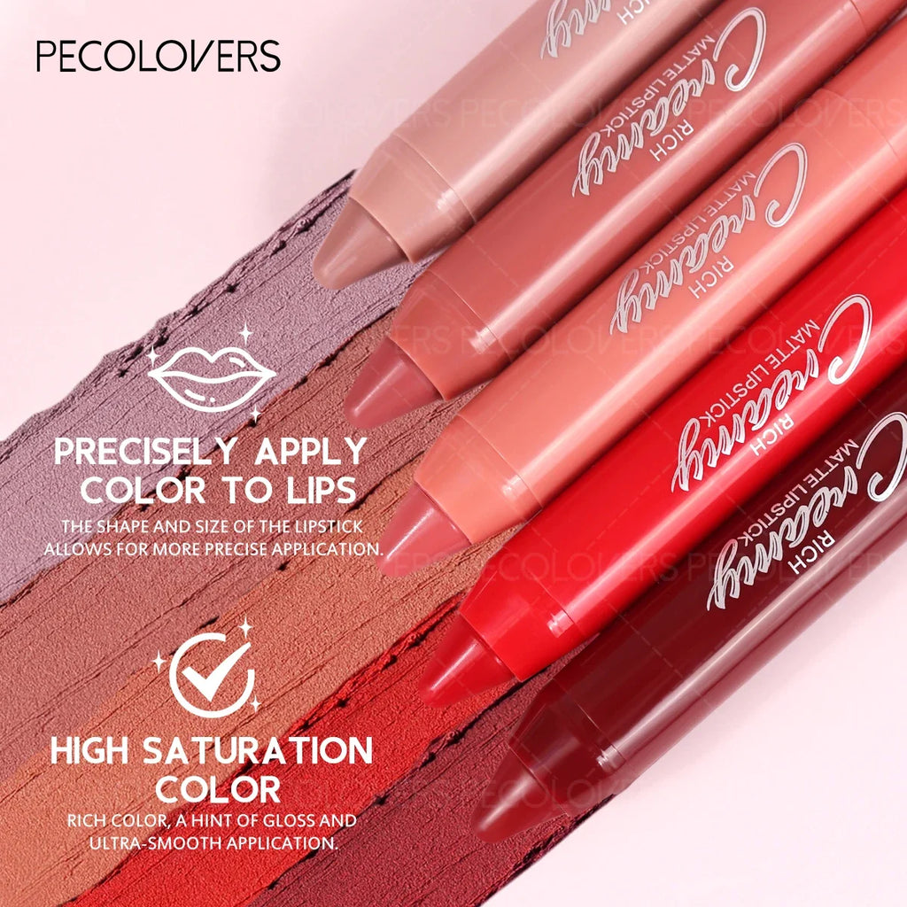 Creamy matte lip liner crayons in five shades, showing smooth, high-pigment swatches for precise lip makeup application.
