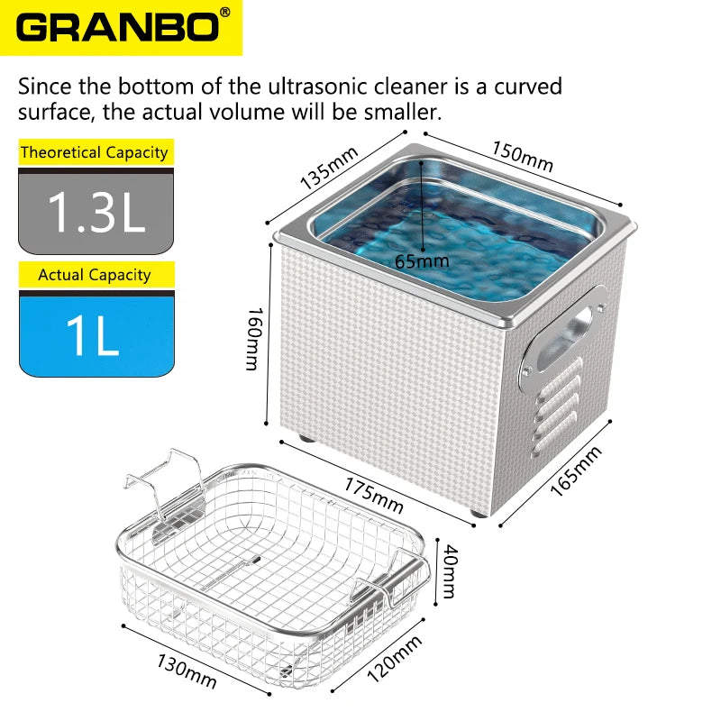 Tidesmit 120W ultrasonic cleaner 1.3L tank showing digital timer and heater controls for jewelry and watch cleaning