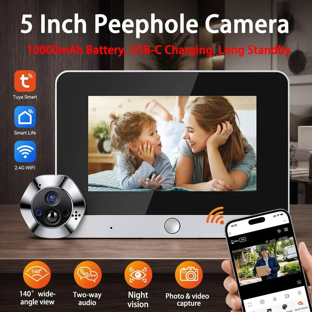 5 Inch WiFi Tuya Video Doorbell 1080P HD Peephole Camera 140° Wide Angle PIR Motion Detection Two-Way Talk Night Vision Monitor