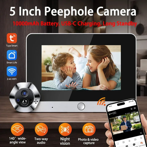 5-inch peephole camera monitor with live video display and two-way talk icons