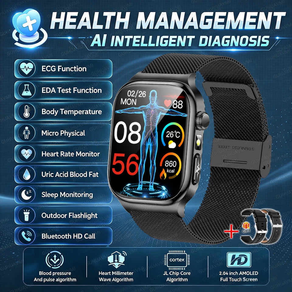 2026 New Accurate Diagnosis Smart Watch Body Fat ECG Blood oxygen BP Health Sport HD AMOLED Screen Call Smart Watches man woman