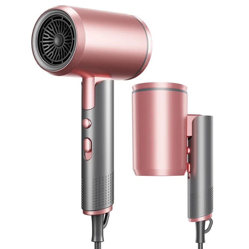 Rose gold foldable 2400W hair dryer with travel-friendly design, hot and cold settings, and styling nozzle attachment.