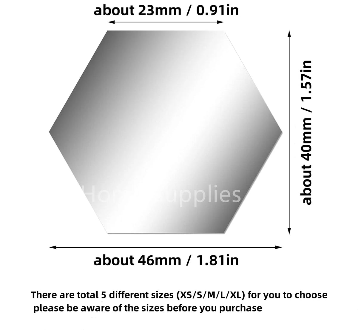 Silver hexagon mirror sticker tile, about 46mm; self-adhesive mosaic decal