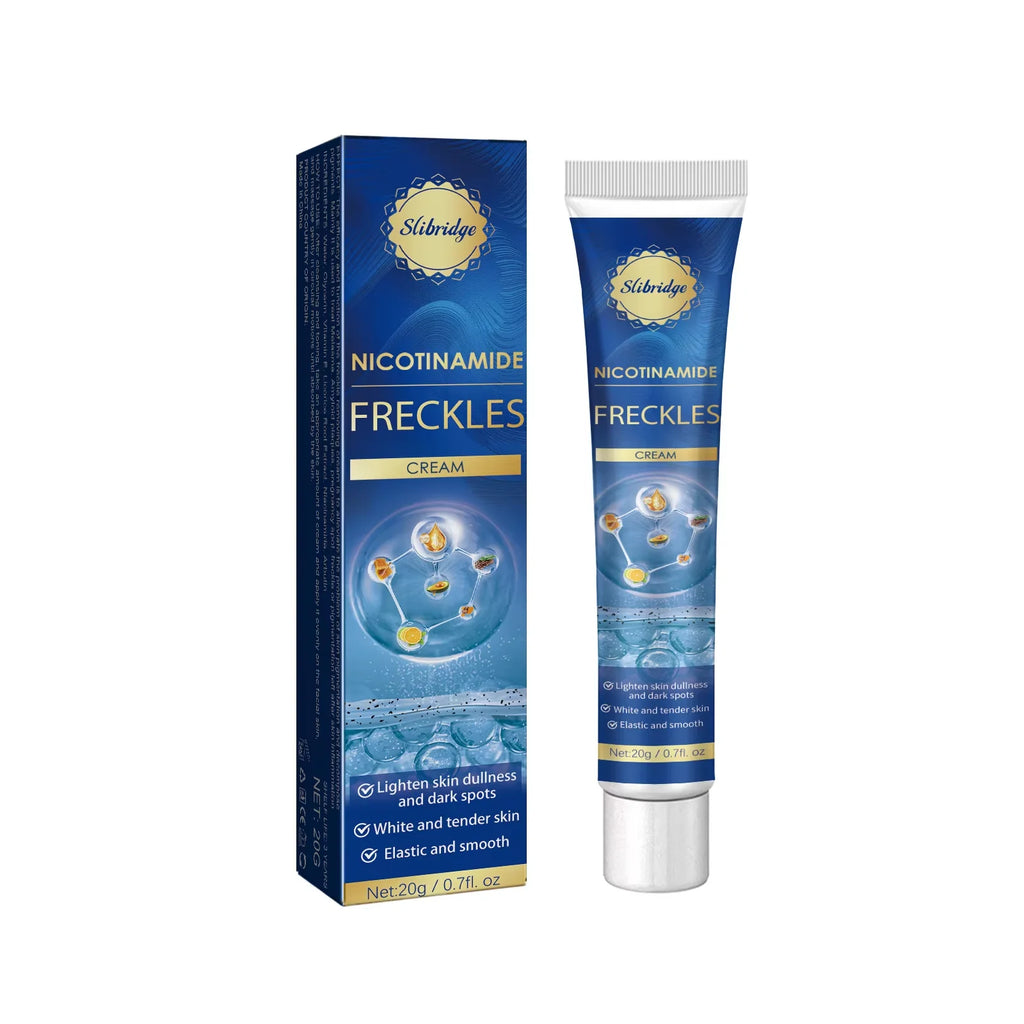 Slibridge Nicotinamide Freckles Cream in a blue tube and matching tall, slim box.