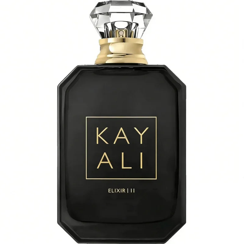 Kayali Elixir II 100ml unisex perfume. Sleek black bottle with diamond-shaped cap, luxury Arabic EDP fragrance scent.