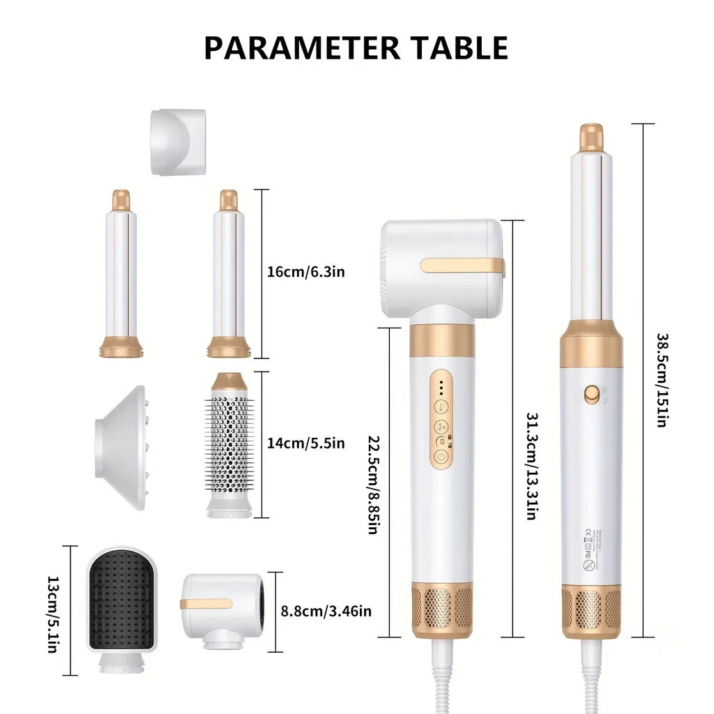 7-in-1 white and gold professional hair dryer styling set with interchangeable curling and straightening attachments.