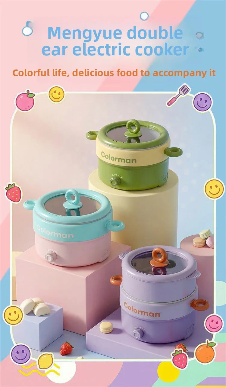 Colorman electric multi-cooker pot set in green, pink, and purple with lids