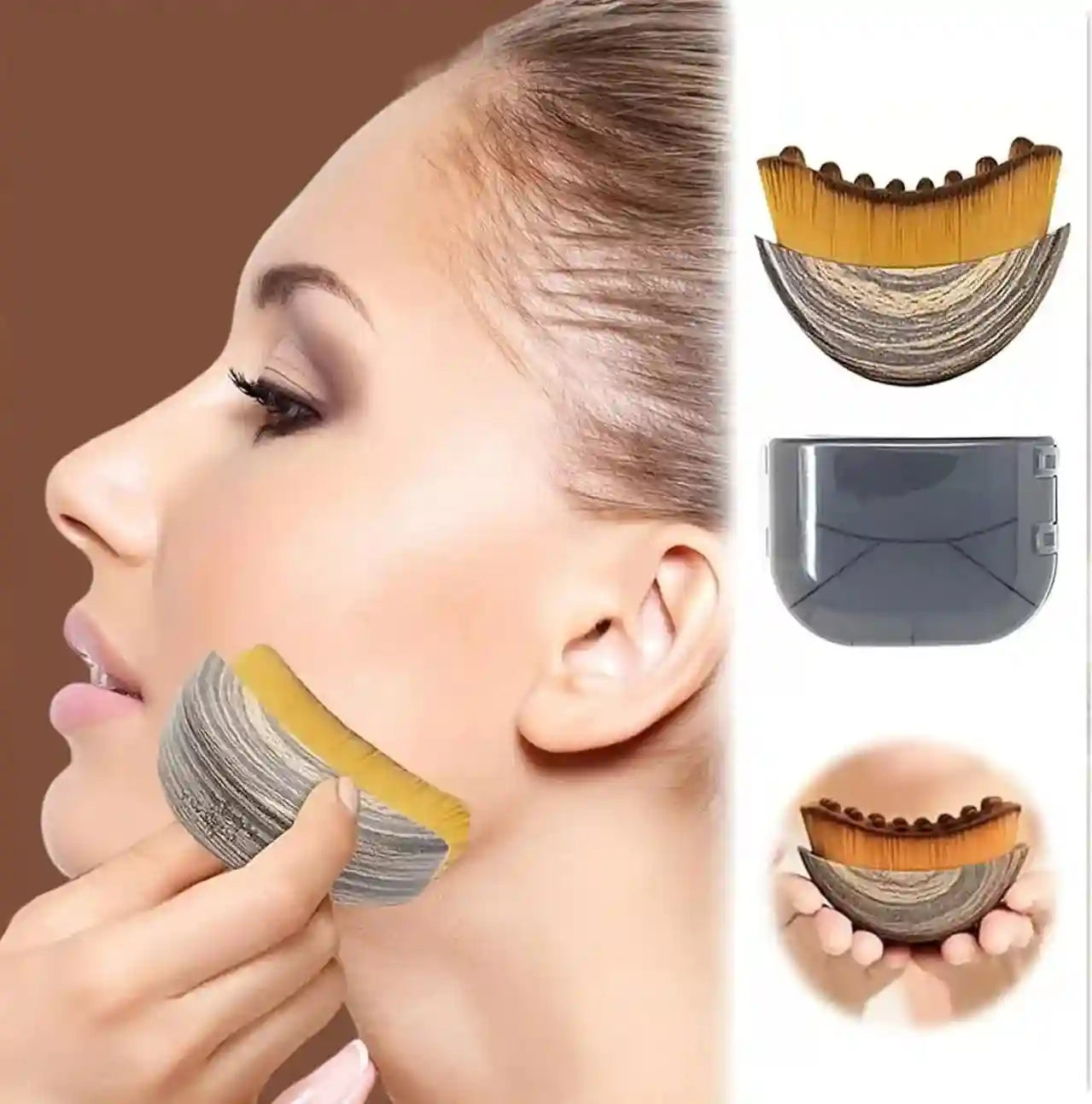 Curved wooden-pattern facial massage brush with yellow bristles, shown in use on a face and inside a grey storage box.