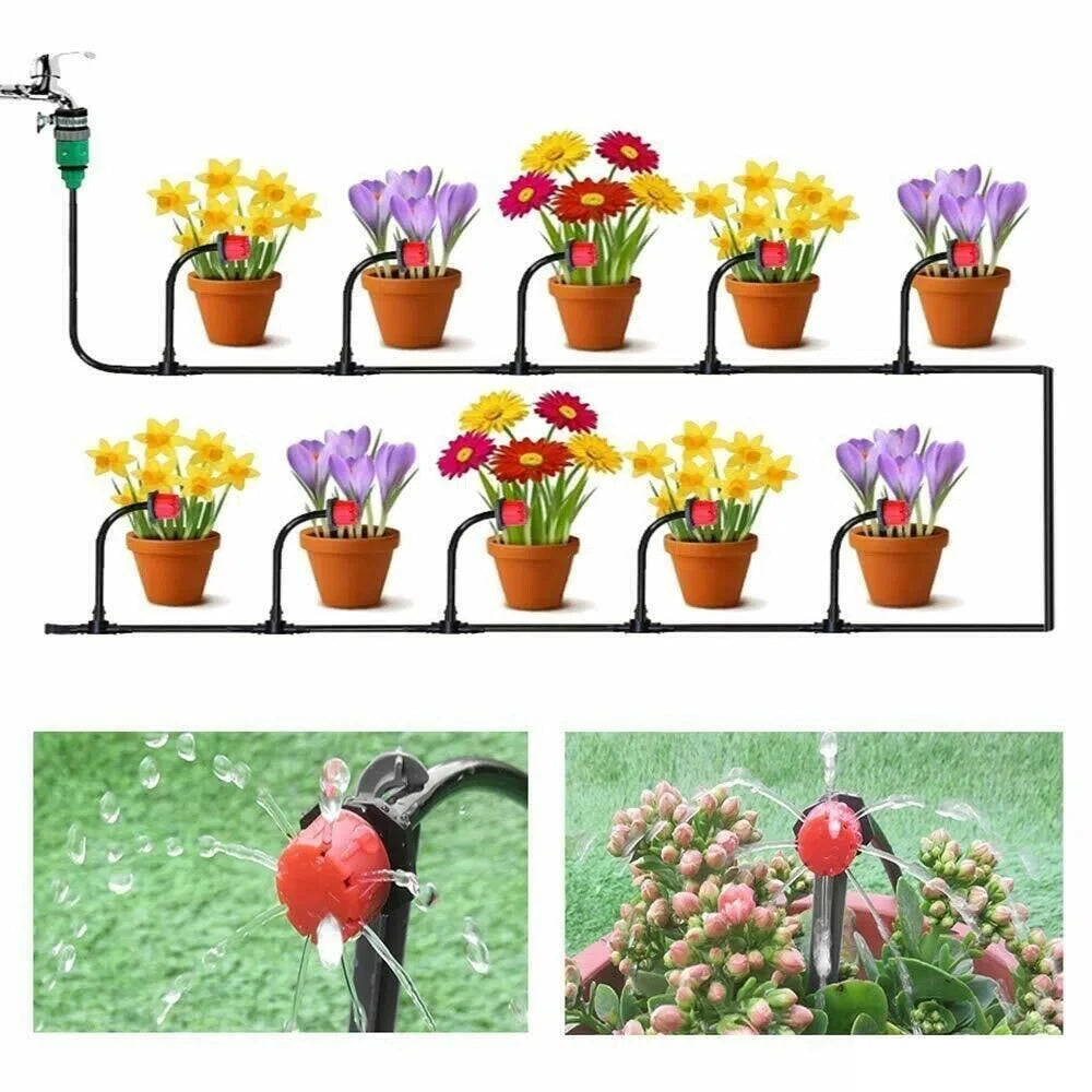 Drip irrigation tube system with multiple red drippers feeding rows of potted flowers