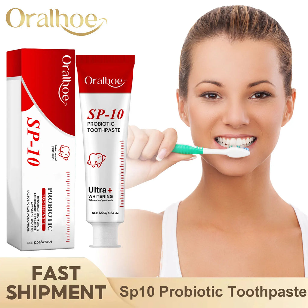 Tidesmit Sp10 probiotic toothpaste for teeth whitening, plaque removal, and gum protection.