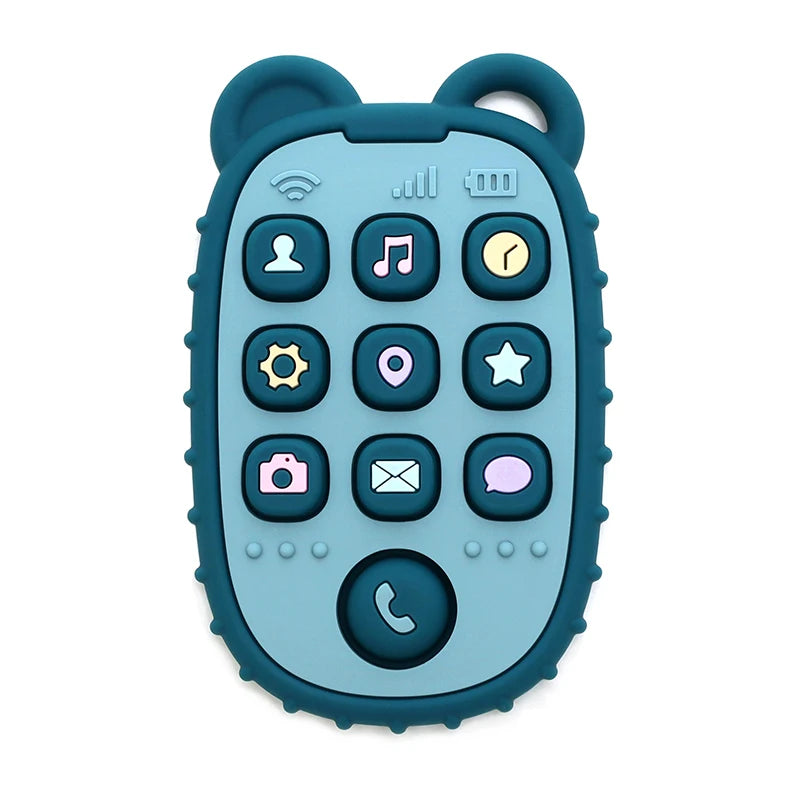 Blue silicone phone baby teething toy for soothing sore gums.