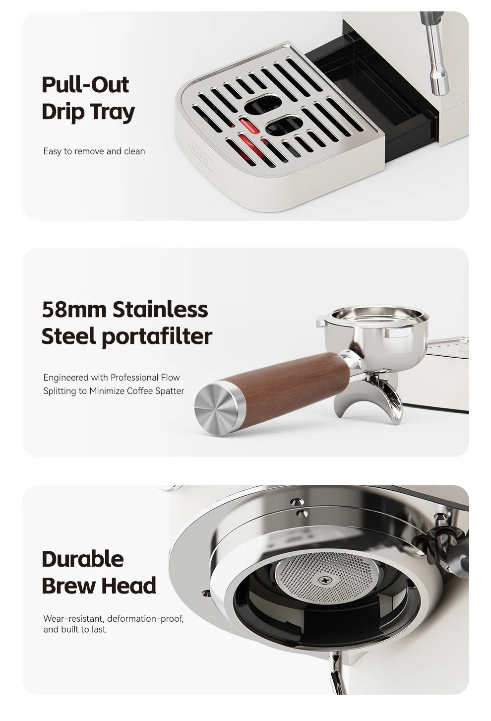 MiiCoffee espresso machine features: pull-out stainless steel drip tray, 58mm portafilter, and durable brew head.