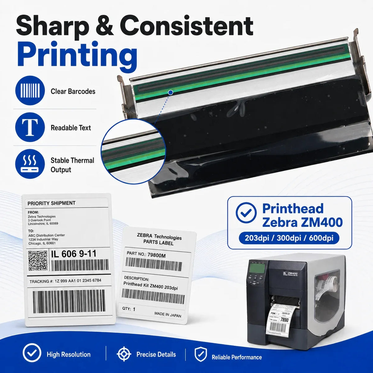 Free shipping Zebar ZM400 203/300/600Dpi printerhead label barcode printer head