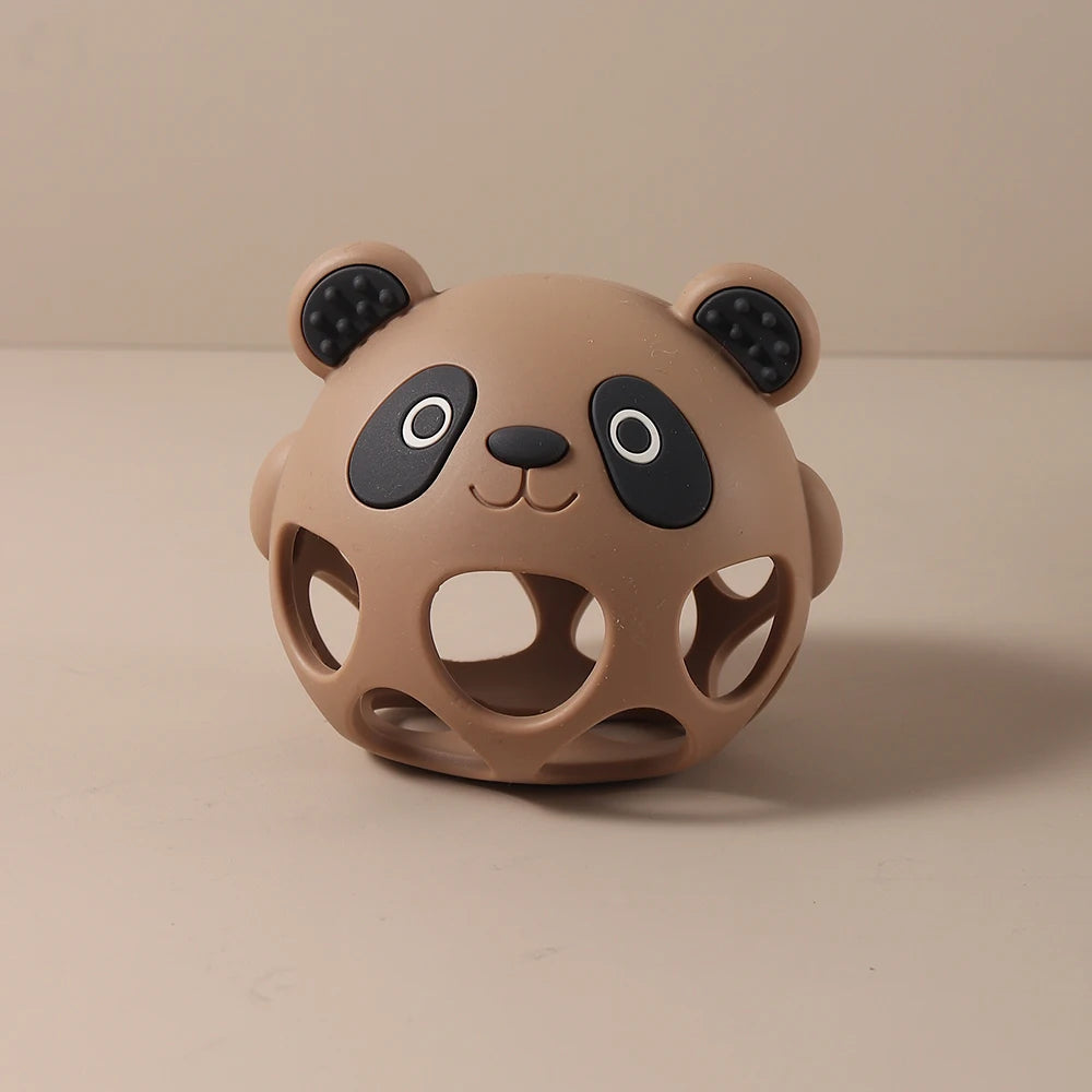 Brown panda silicone baby teething toy for relief.