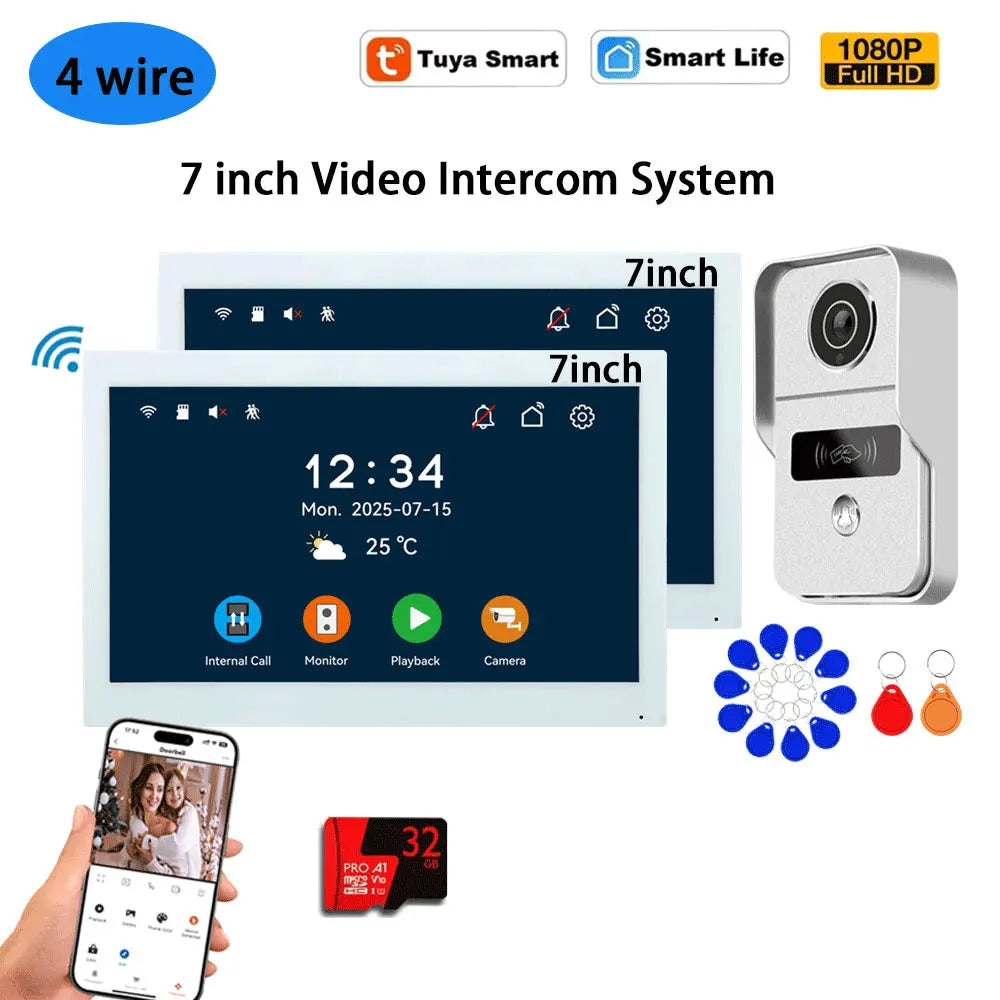 Tuya 7-inch video intercom system kit with white indoor monitor, outdoor doorbell camera, and tags