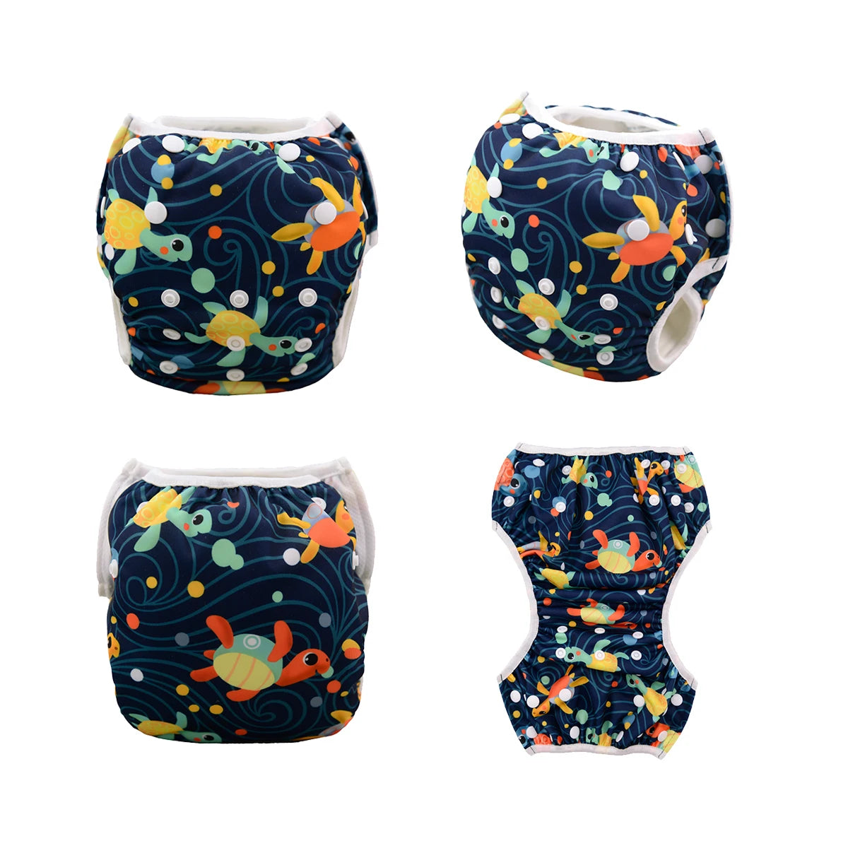 Adjustable reusable baby swim diaper with colorful sea turtle print on dark blue background.