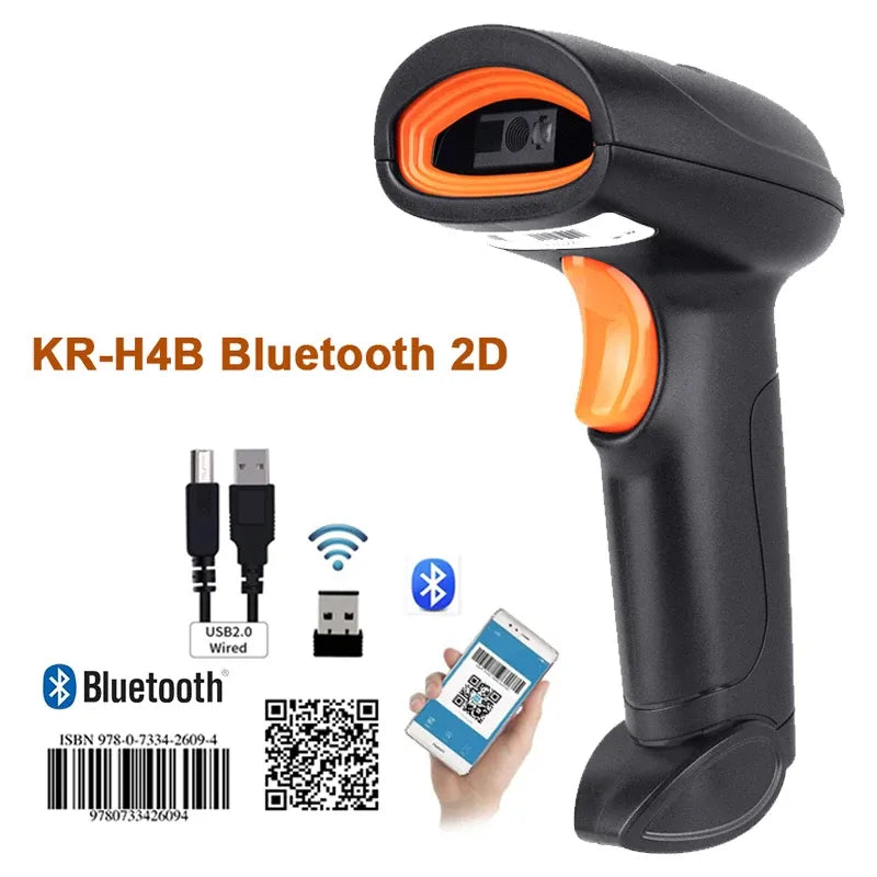 Black handheld wireless 2D barcode scanner with orange accent ring and trigger