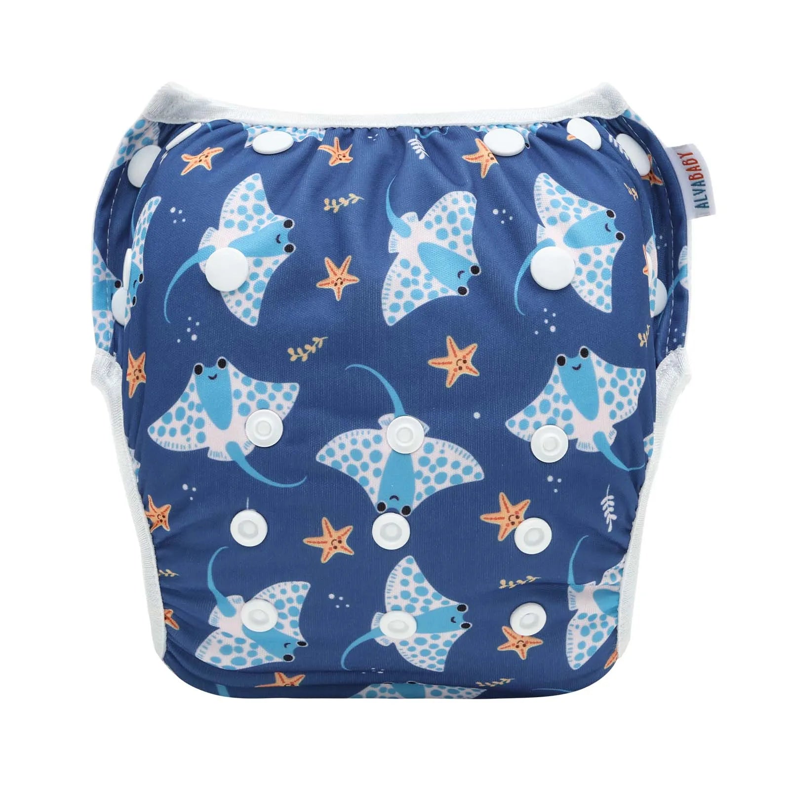 Alvababy reusable cloth diaper with blue stingray and starfish print. Adjustable snap baby care diaper.