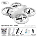 White quadcopter drone with dual cameras, enclosed propeller guards, and remote control accessories.
