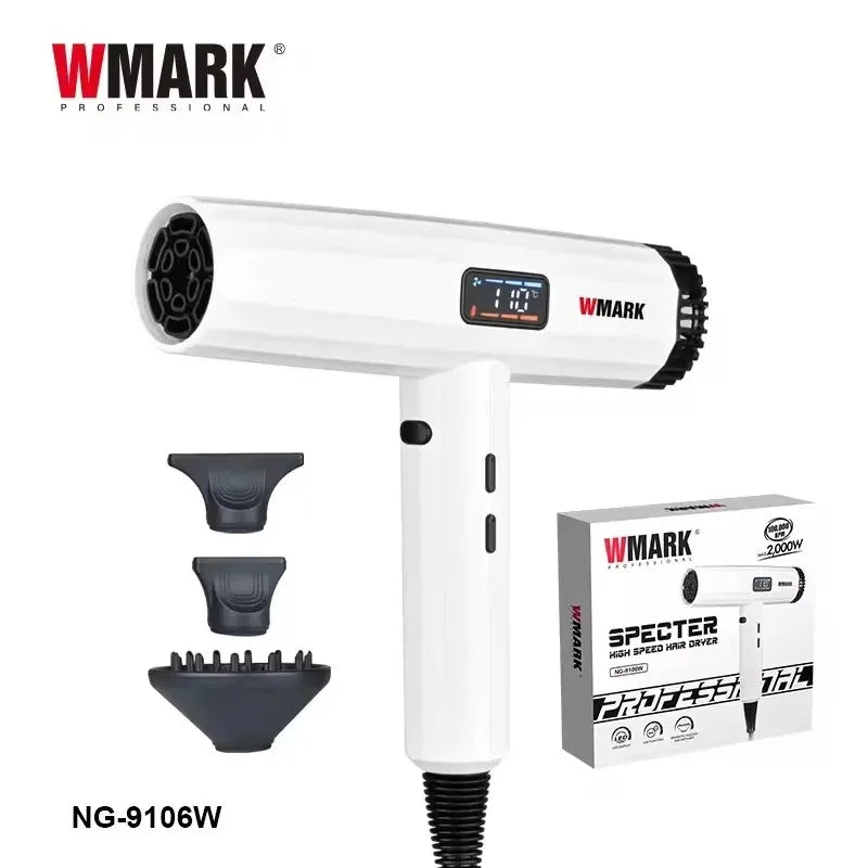 WMARK NG-9106W professional white hair dryer with digital display, styling nozzles, diffuser, and high-speed motor.
