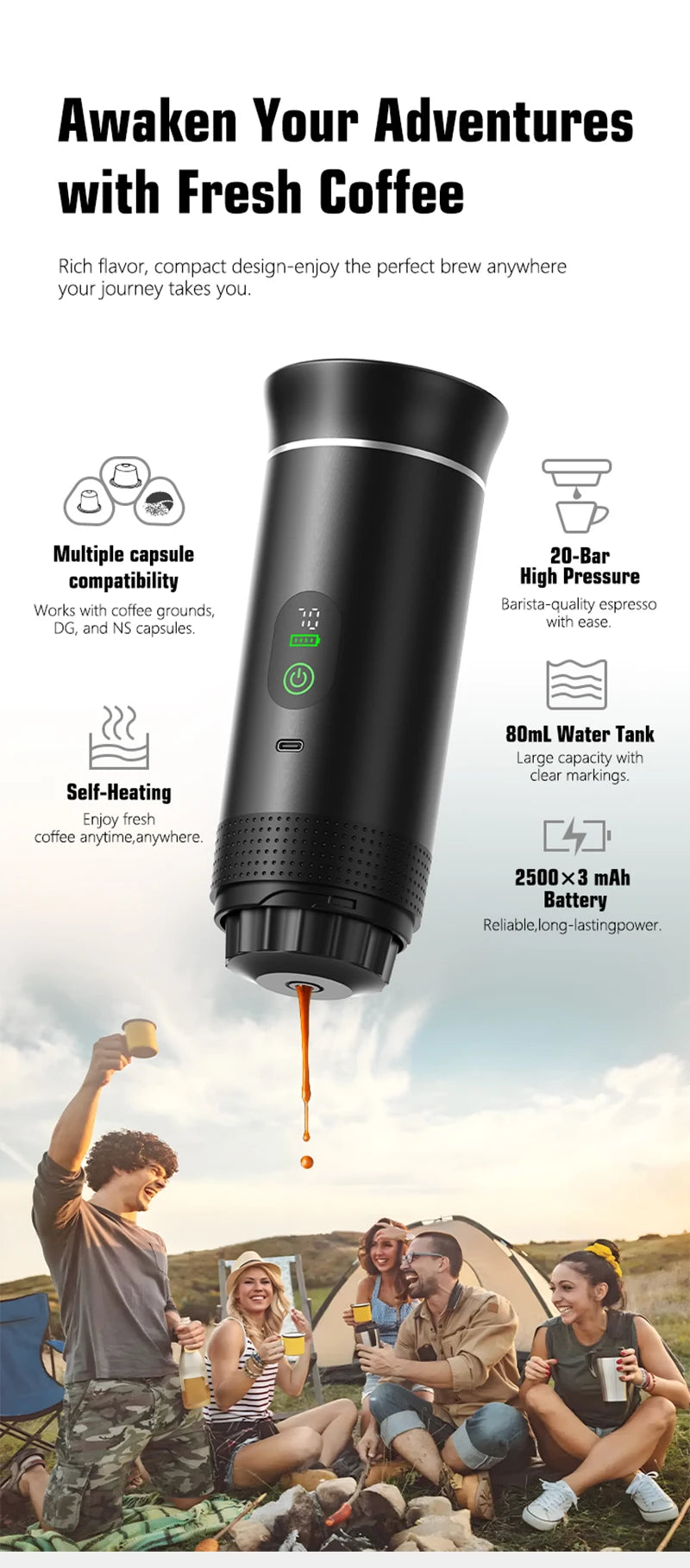 Black portable 80mL espresso maker with 20-bar pressure, battery-powered self-heating for camping and travel.