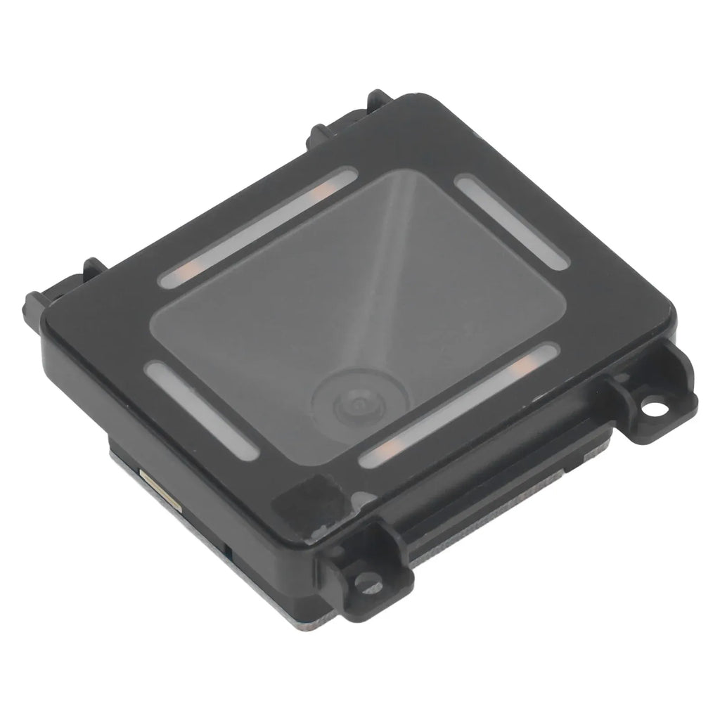Angled view of black barcode scanner module with front window and side mounting tabs