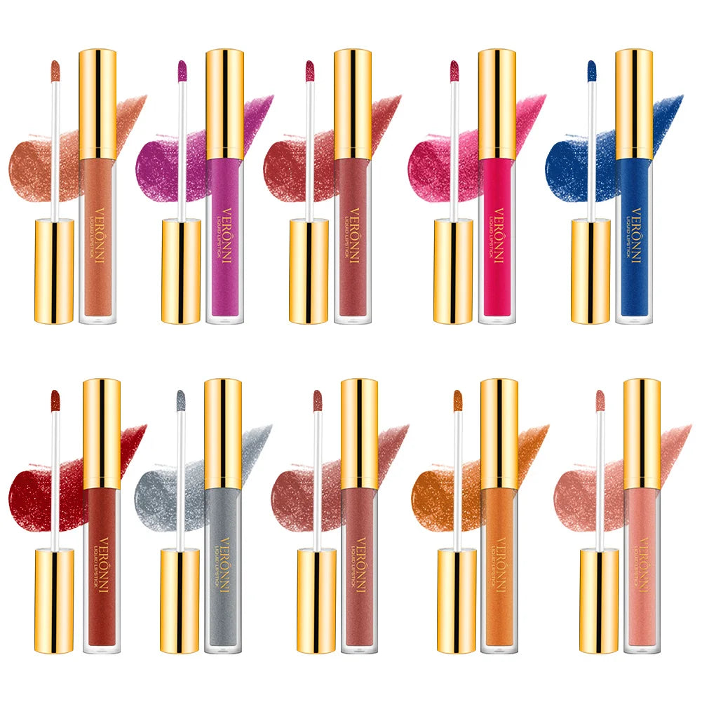 10-color set of waterproof diamond shimmer liquid lipsticks with pearl glitter finish and gold applicator tubes.