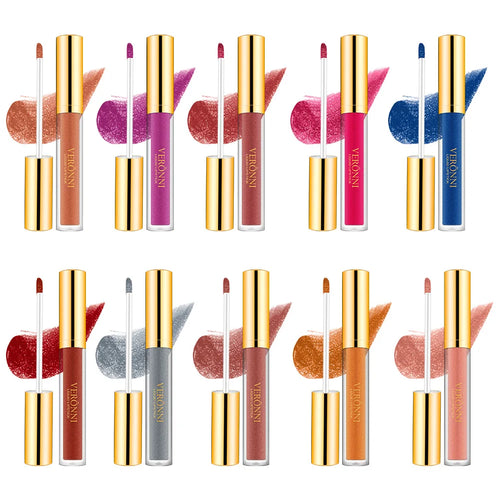10-color set of waterproof diamond shimmer liquid lipsticks with pearl glitter finish and gold applicator tubes.