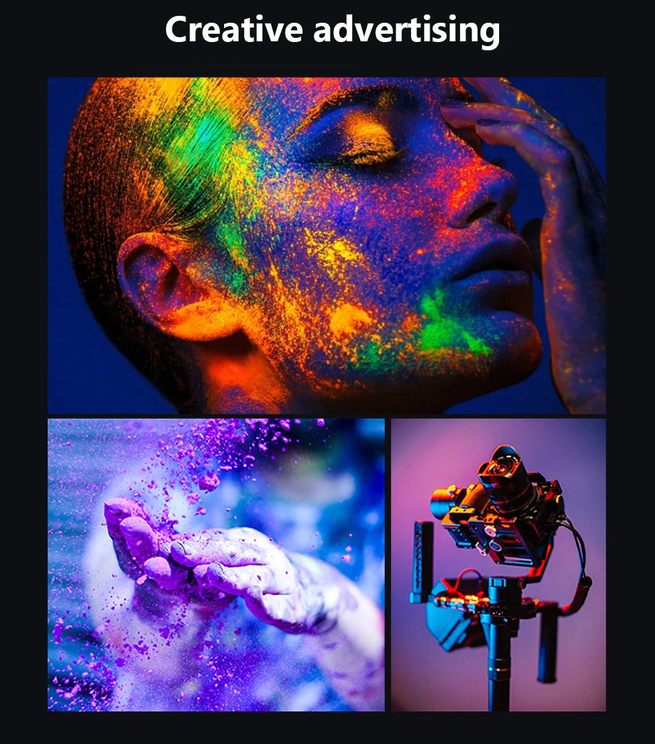 Camera gimbal stabilizing a mirrorless camera for capturing vibrant powder-effect portraits and artistic photography.